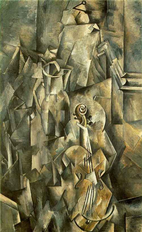 Artist: Georges Braque Artist's Lifespan: 1882-1963 Title: Still Life with Violin and Pitcher Date: 1909-10 Location of Origin: France Style: Analytic Cubism Genre: Still life